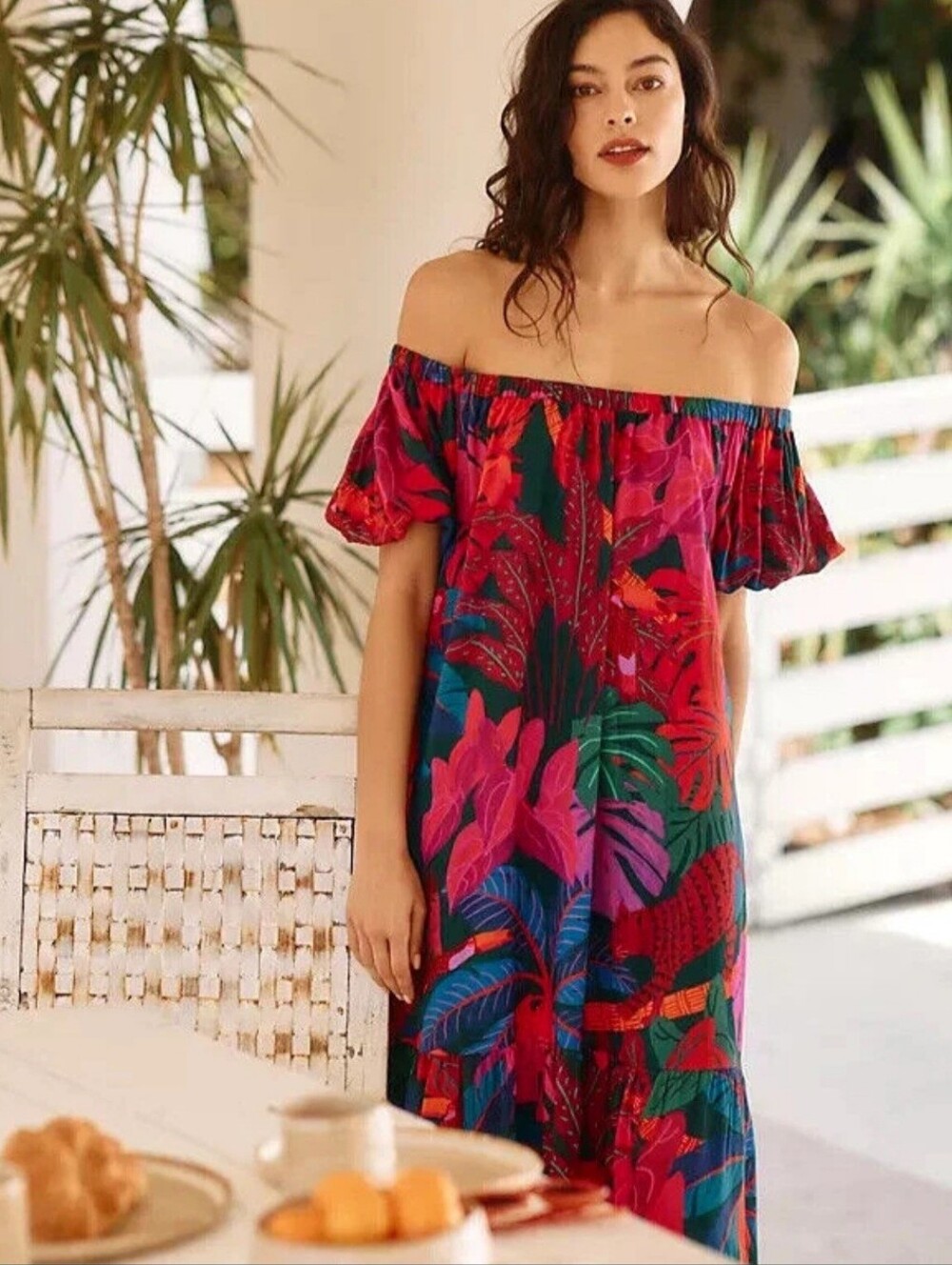 FARM RIO Off Shoulder Dress  Anthropology Tropical Leaf Tiered Size MED - Picture 7 of 8